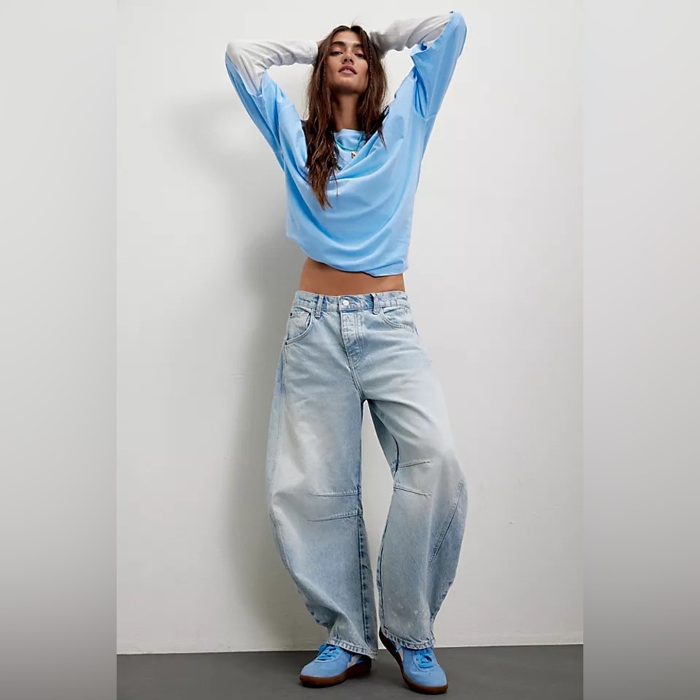 SOLD 🛑Free People We The Free Good Luck Mid-Rise Barrel Jeans Aegean